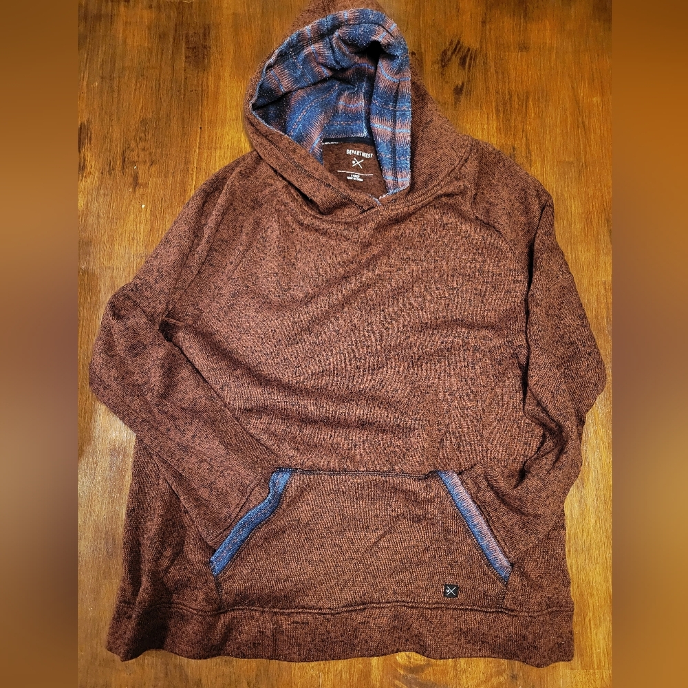 Cozy Rustic Red Hoodie with Blue Details